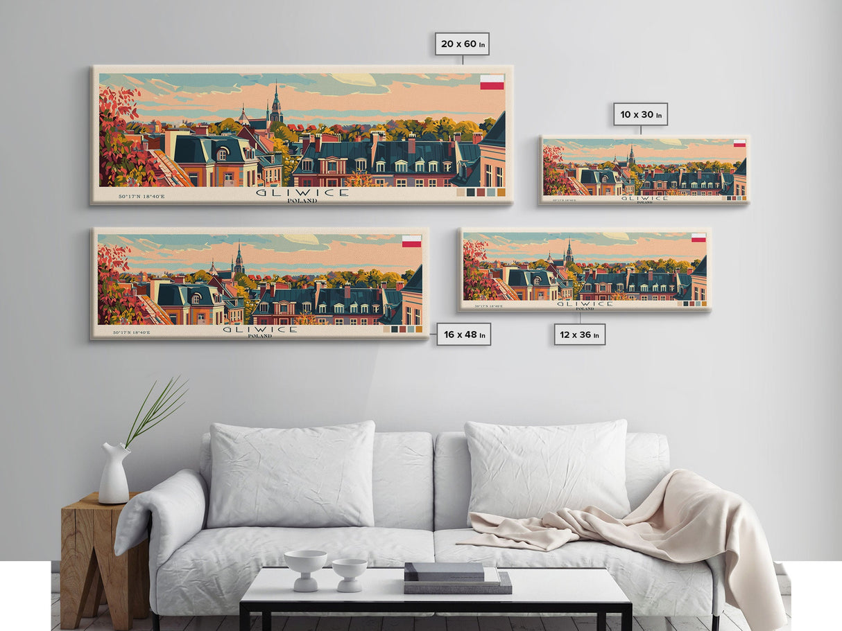 Gliwice Poland Panoramic Travel Poster, Framed Canvas Print or Metal Wall Art, Travel Art, Home Decor, Panoramic Painting, Midcentury Art