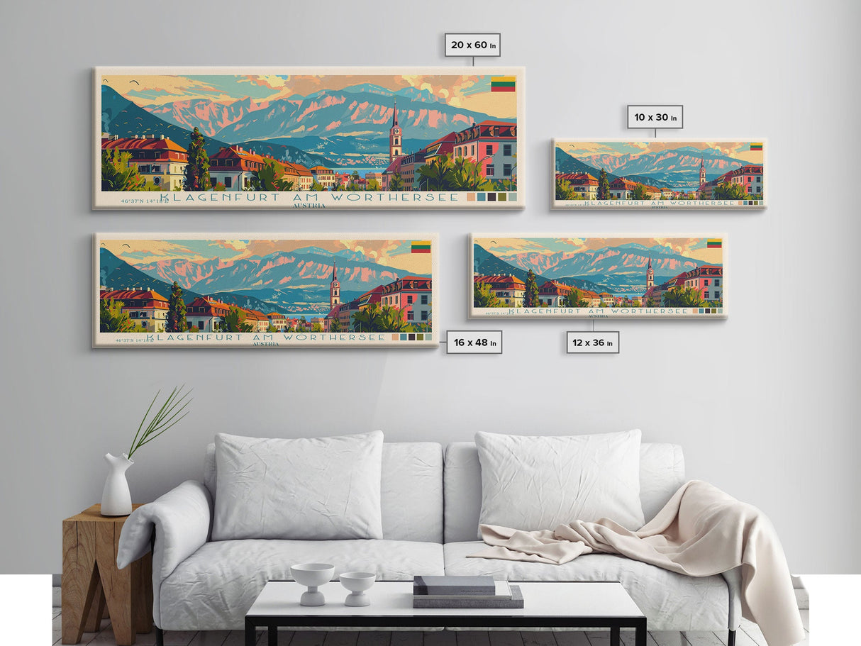 Klagenfurt Austria Panoramic Travel Poster, Framed Canvas Print or Metal Wall Art, Travel Art, Home Decor, Panoramic Painting, Midcentury Art