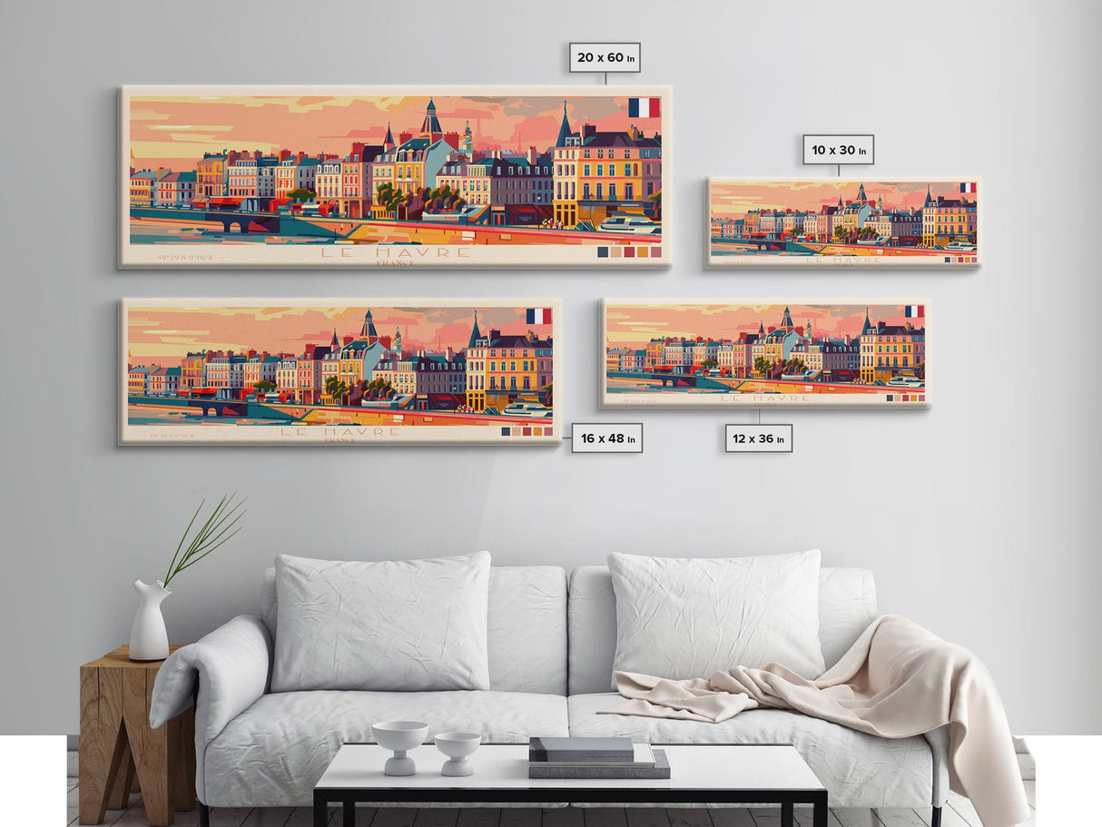 Le Havre France Panoramic Travel Poster, Framed Canvas Print or Metal Wall Art, Travel Art, Home Decor, Panoramic Painting, Midcentury Art