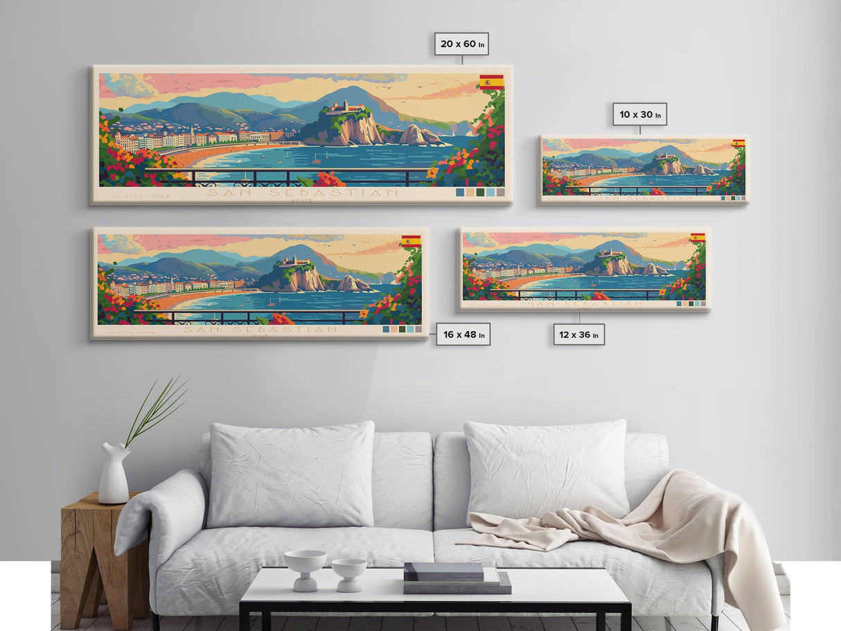 San Sebastian Spain Panoramic Travel Poster, Framed Canvas Print or Metal Wall Art, Travel Art, Home Decor, Panoramic Painting, Midcentury Art