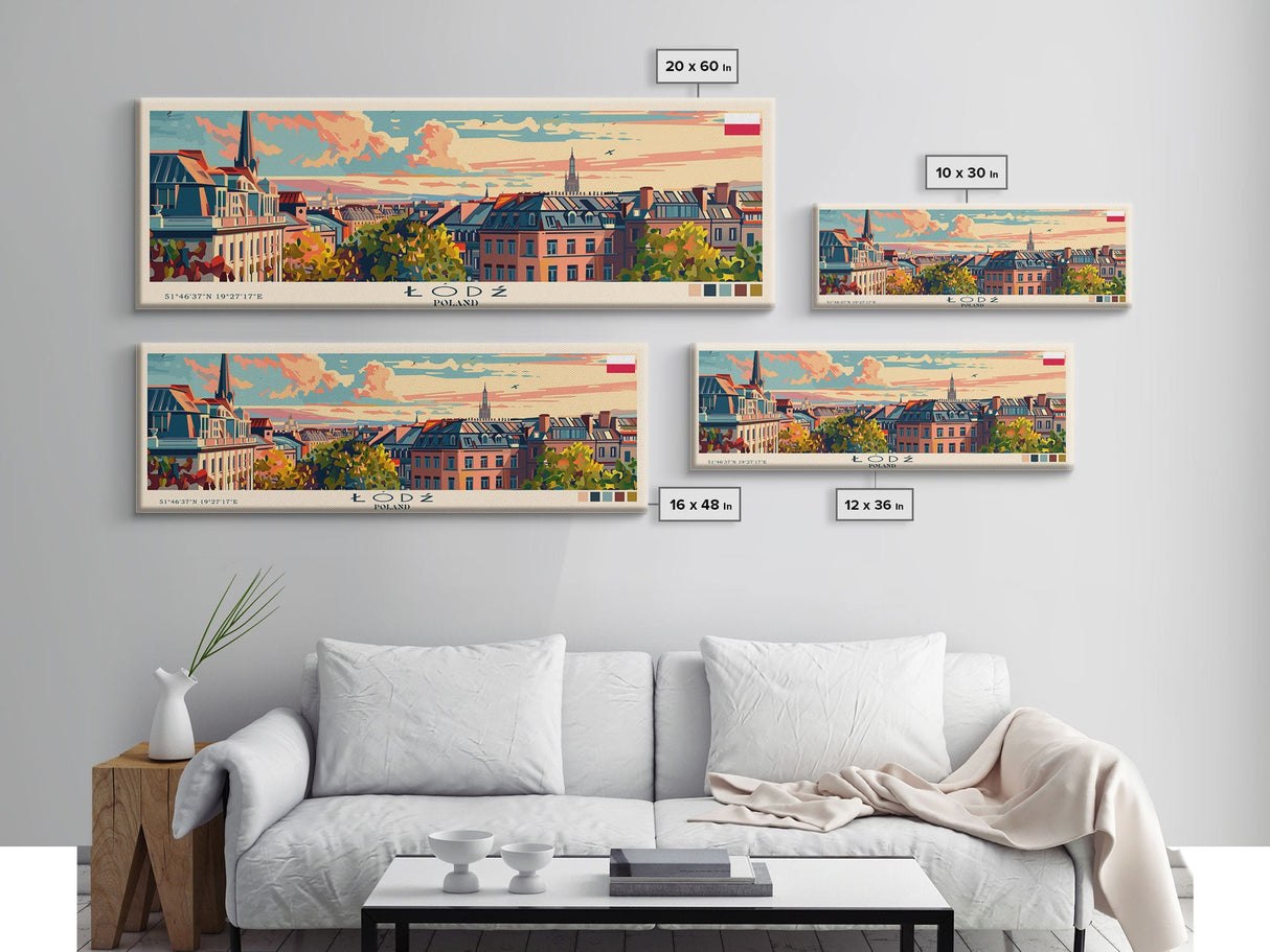 Łódź Poland Art, City Art, Framed Canvas Print or Metal Wall Art, Europe Travel Poster, Panoramic Wall Art, Extra Wide Wall Art