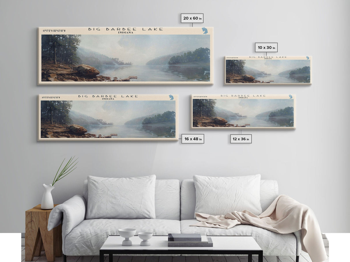 Big Barbee Lake Indiana Framed Canvas Print, Panoramic Lake House Art, Scenic Painting, Travel Poster, Rustic Decor, Nature Scene