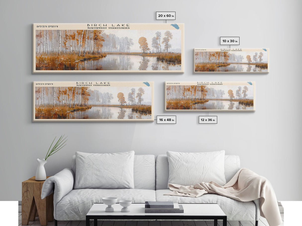 Birch Lake Framed Canvas Print, Panoramic Lake House Decor, Scenic View, Travel Poster, Rustic Art, Lake Painting