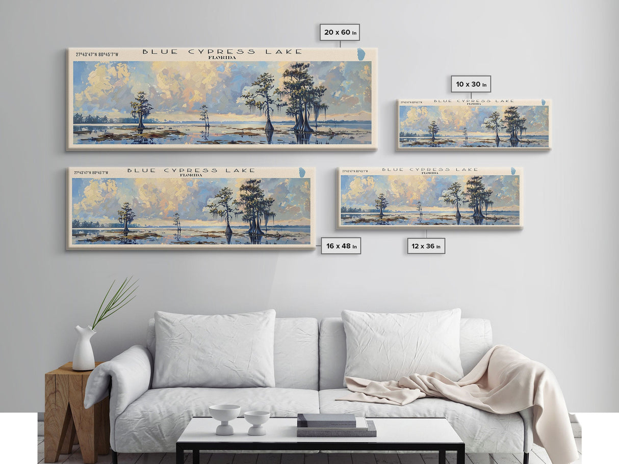 Blue Cypress Lake Florida Framed Canvas Print, Lake House Art, Panoramic Scenic View, Travel Poster, Modern Decor, Lake Painting
