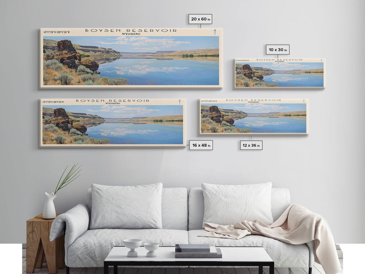 Boysen Reservoir Wyoming Framed Canvas Print, Lake House Art, Panoramic Wall Art, Travel Poster, Minimalist Lake Painting, Home Decor