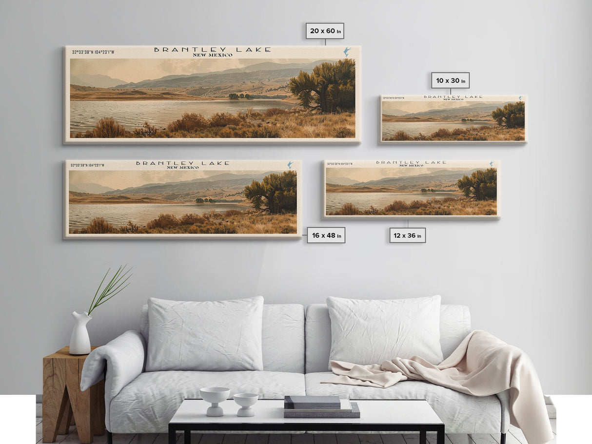 Brantley Lake New Mexico Framed Canvas Print, Lake House Art, Panoramic Wall Art, Travel Poster, Modern Lake Painting, Nature Art