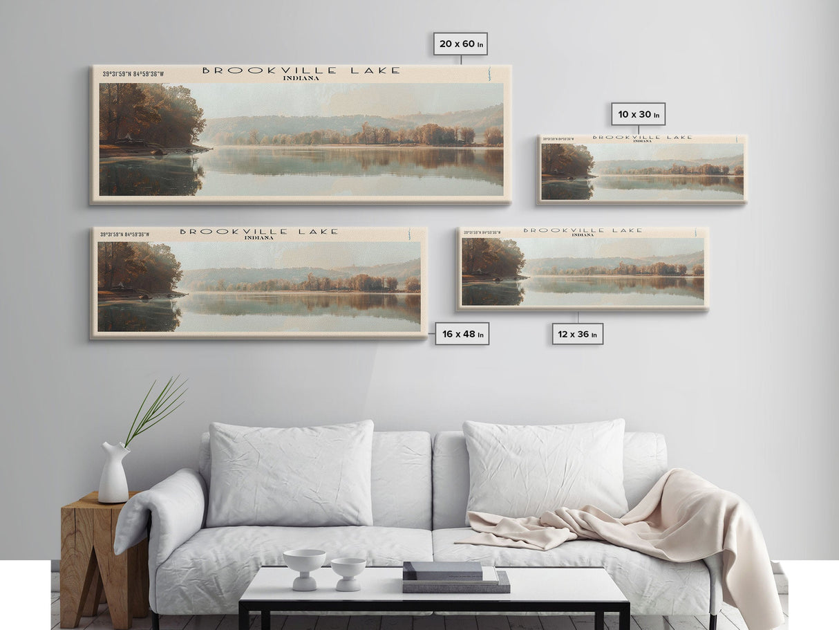 Brookville Lake Indiana Framed Canvas Print, Lake House Decor, Panoramic Wall Art, Travel Poster, Rustic Lake Painting, Nature Art