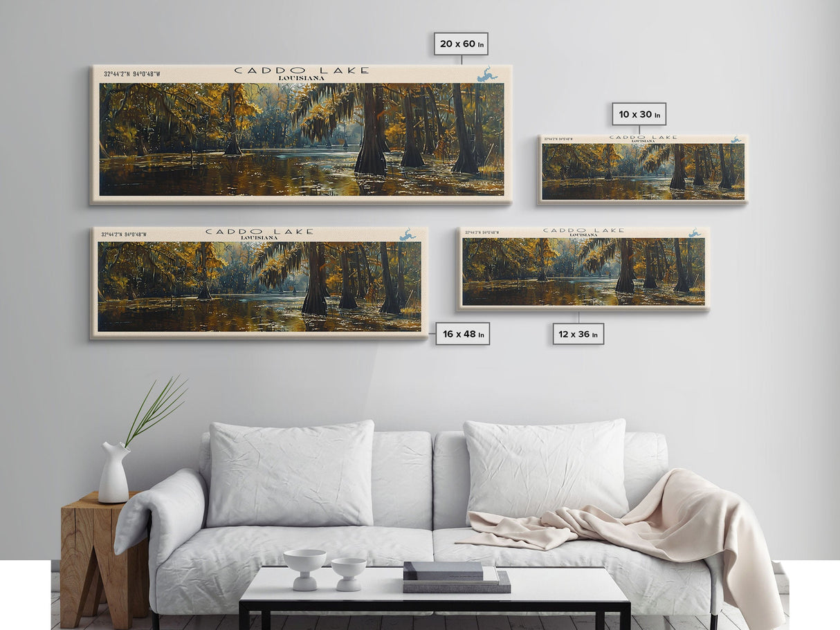 Caddo Lake Louisiana Framed Canvas Print, Lake House Decor, Panoramic Wall Art, Travel Poster, Rustic Lake Painting, Nature Art