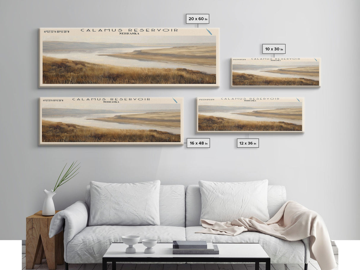 Calamus Reservoir Nebraska Framed Canvas Print, Panoramic Lake House Decor, Wall Art, Travel Poster, Rustic Lake Painting, Nature Art