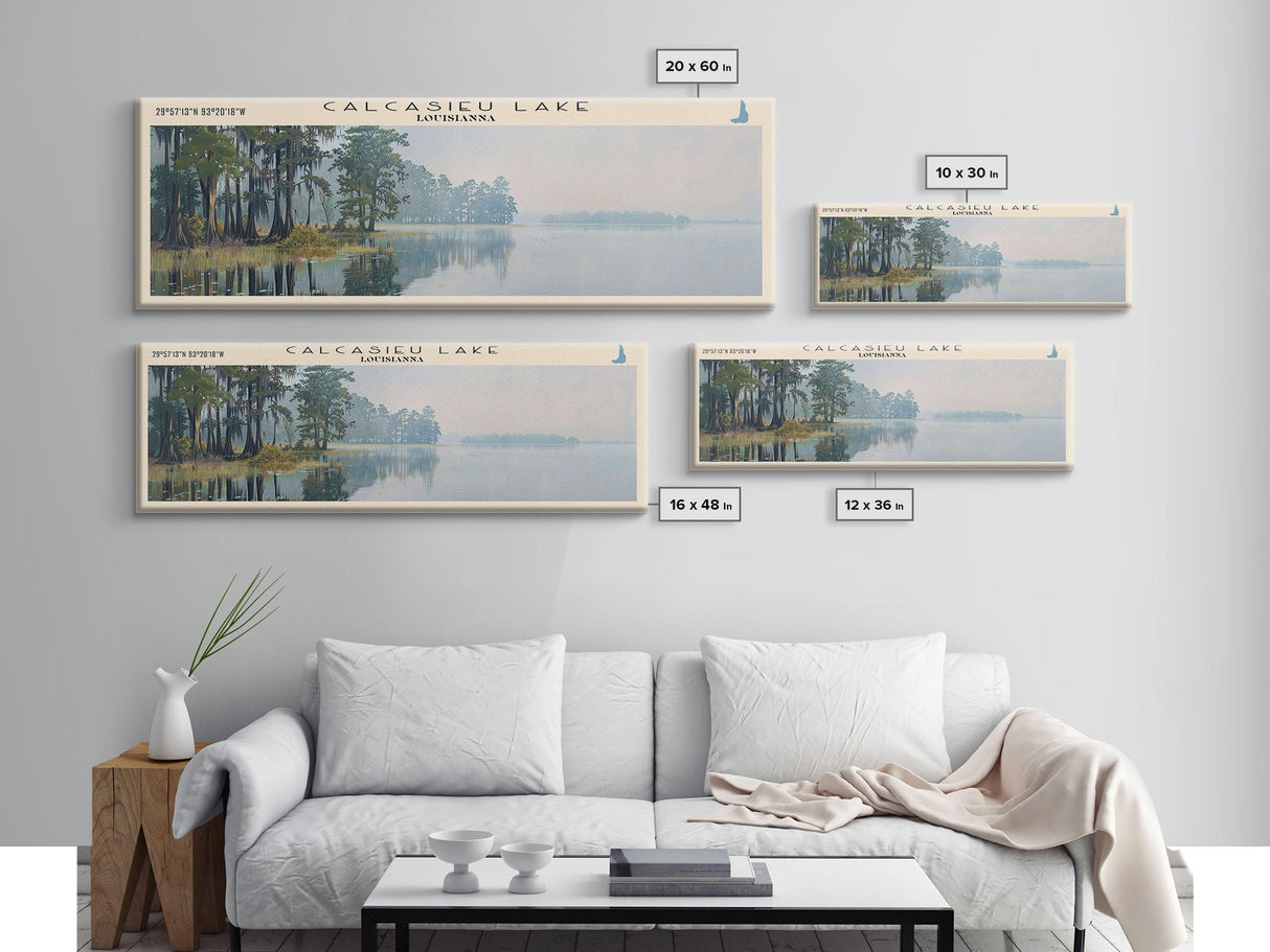Calcasieu Lake Framed Canvas Print, Lake House Art, Panoramic Wall Art, Travel Poster, Minimalist Lake Painting, Home Decor