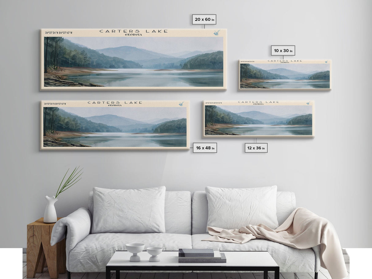 Carters Lake Georgia Framed Canvas Print, Panoramic Lake House Decor, Wall Art, Travel Poster, Rustic Lake Painting, Nature Art