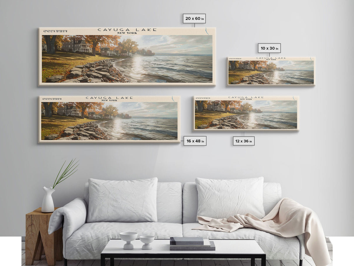 Cayuga Lake New York Framed Canvas Print, Lake House Art, Panoramic Travel Poster, Wide Wall Art, Modern Lake Painting, Home Decor