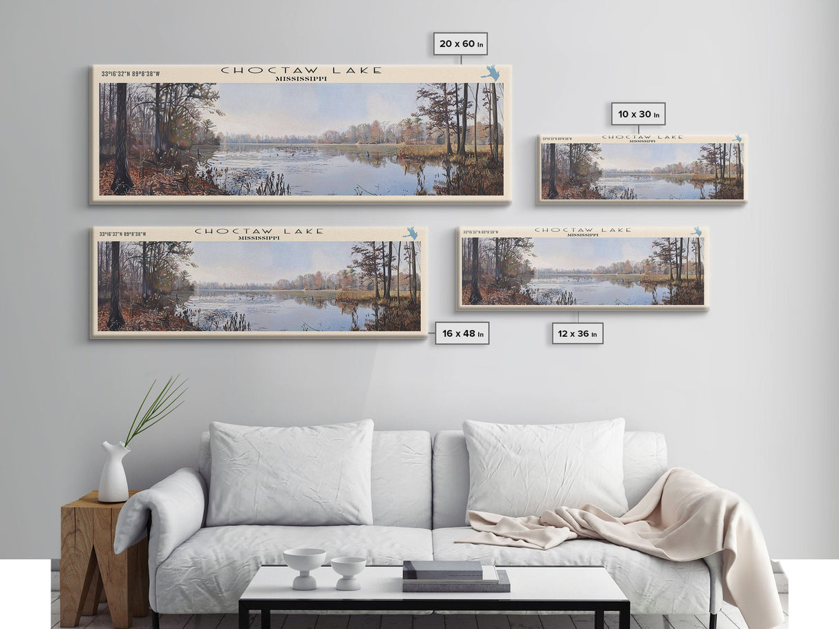 Choctaw Lake Mississippi Framed Canvas Print, Lake House Art, Panoramic Wide Wall Art, Travel Poster, Rustic Lake Painting, Home Decor