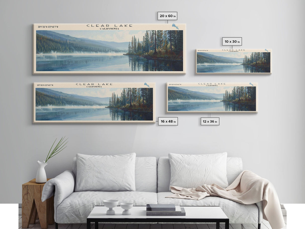 Clear Lake Framed Canvas Print, Lake House Art, Panoramic Wide Art, Travel Poster, Rustic Lake Painting, Home Decor