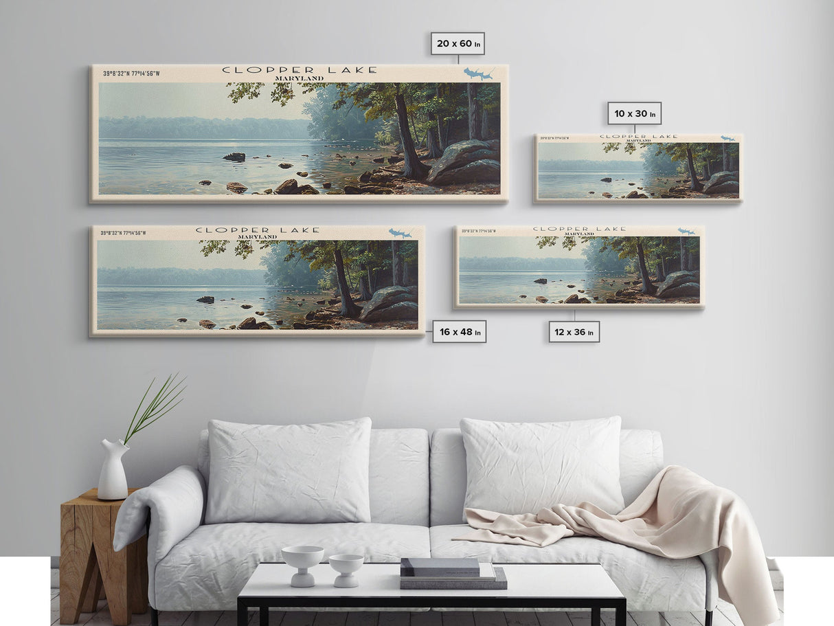 Clopper Lake Maryland Framed Canvas Print, Lake House Art, Panoramic Wide Art, Travel Poster, Minimalist Lake Painting, Home Decor