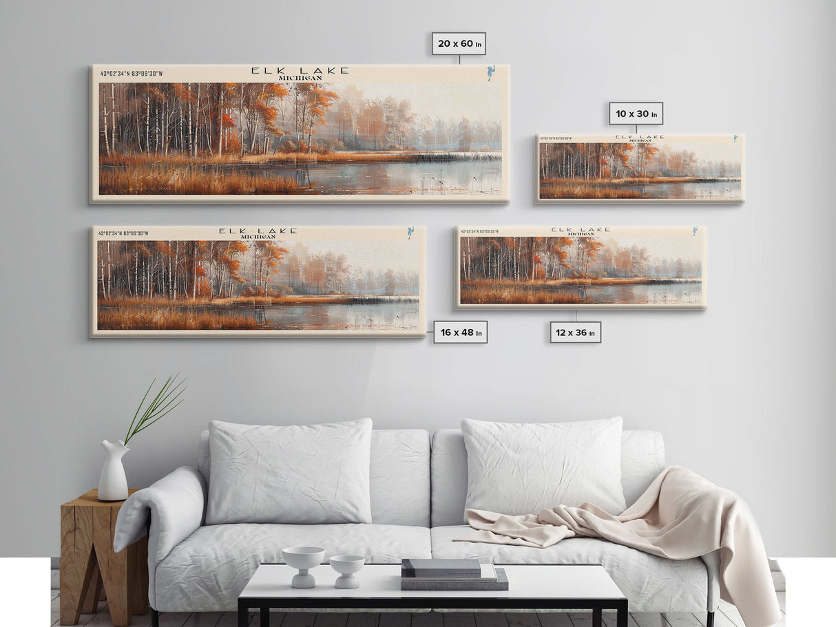 Elk Lake Michigan Framed Canvas Print, Lake House Art, Panoramic Wall Art, Travel Poster, Minimalist Lake Painting, Home Decor