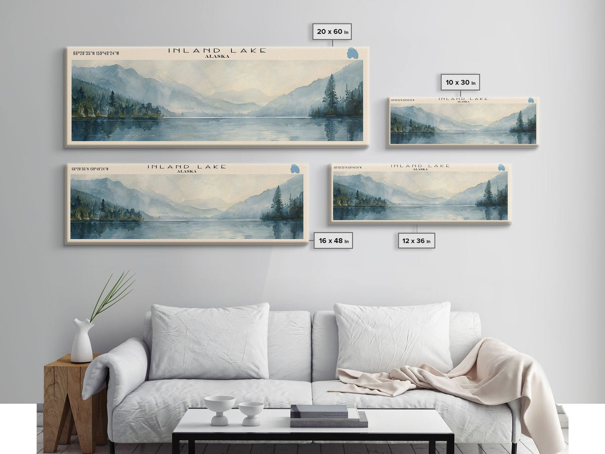 Inland Lake Framed Canvas Print, Lake House Art, Panoramic Wall Art, Travel Poster, Scenic Lake Painting, Nature Art