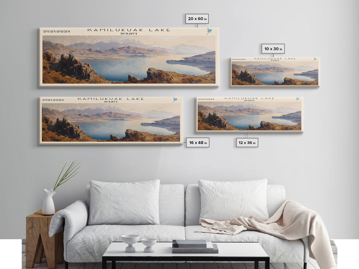 Kamilukuak Lake Framed Canvas Print, Lake House Decor, Panoramic Wall Art, Travel Poster, Captivating Lake Painting, Nature Art
