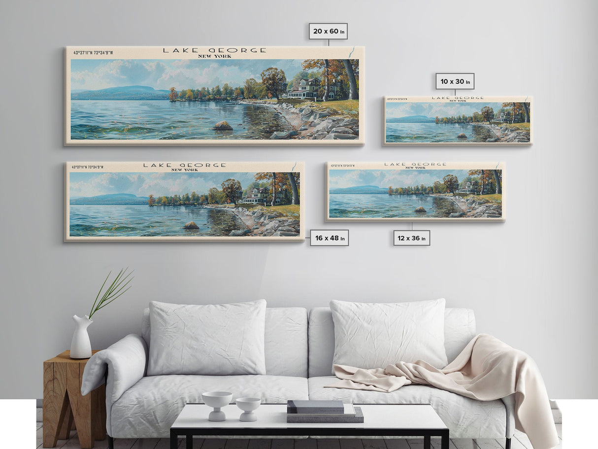 Lake George New York Framed Canvas Print, Lake House Decor, Panoramic Wall Art, Travel Poster, Stunning Landscape Painting, Home Art