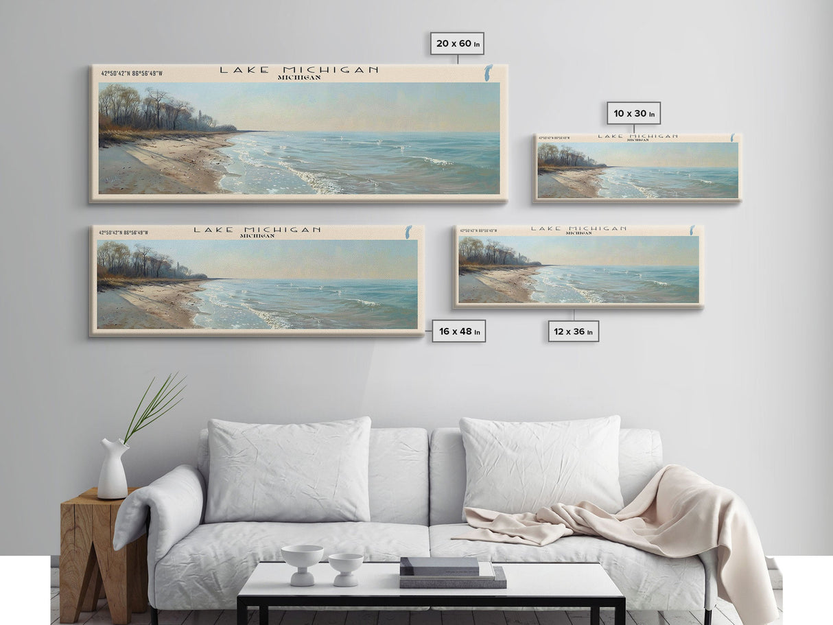 Lake Michigan Framed Canvas Print, Lake House Decor, Panoramic Wall Art, Travel Poster, Beautiful Landscape Painting, Bedroom Decor