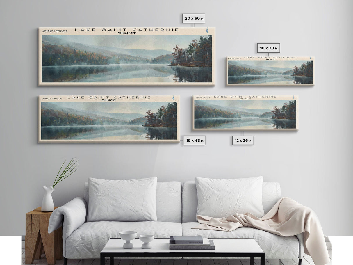 Lake Saint Catherine, Boho Art, Scenic Landscape, Travel Poster Art, Wall Art, Home Decor, Nature Scene, Lake Painting, Minimalist Art, Living Room Decor, Travel Print, Framed Canvas Print, Lake House Decor, Panoramic Print