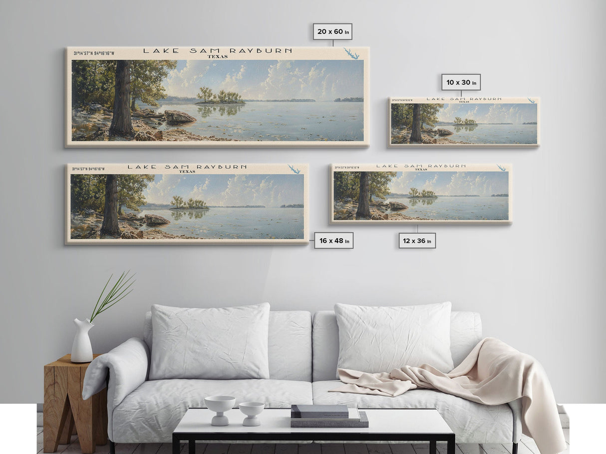Lake Sam Rayburn, Boho Art, Serene Landscape, Travel Poster Art, Wall Art, Home Decor, Nature Scene, Lake Painting, Minimalist Art, Rustic Art, Travel Print, Framed Canvas Print, Lake House Decor, Panoramic Print