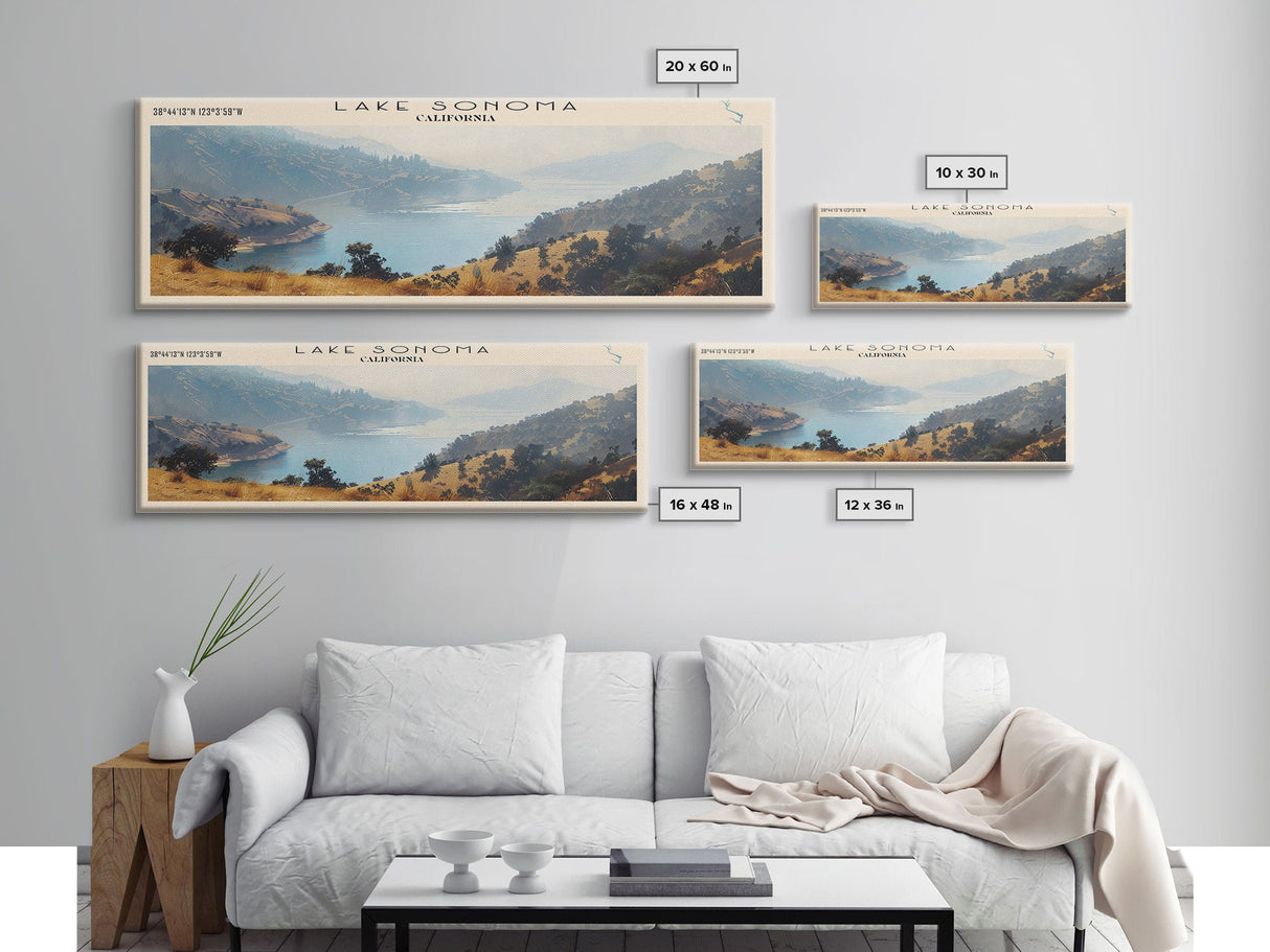 Lake Sonoma California Framed Canvas Print, Lake House Decor, Panoramic Wall Art, Travel Poster, Stunning Landscape Painting, Contemporary Art