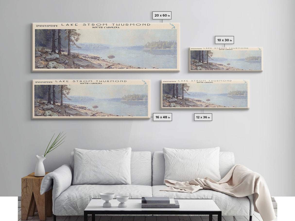 Lake Strom Thurmond South Carolina Framed Canvas Print, Lake House Decor, Panoramic Wall Art, Travel Poster, Serene Landscape Painting, Bedroom Decor