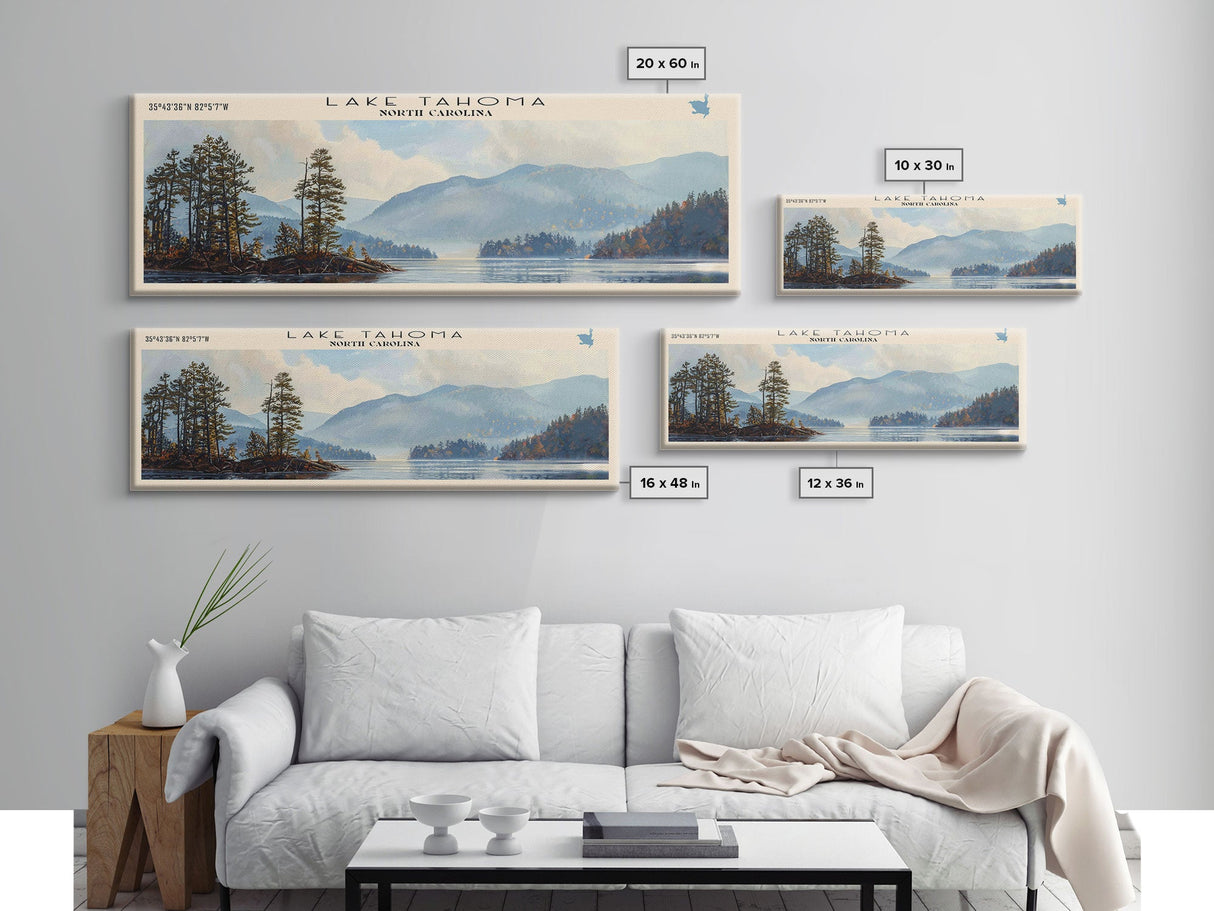 Lake Tahoma North Carolina Framed Canvas Print, Lake House Decor, Panoramic Wall Art, Travel Poster, Serene Landscape Painting, Rustic Art