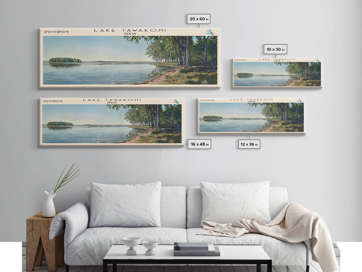 Lake Tawakoni Texas Framed Canvas Print, Lake House Decor, Panoramic Wall Art, Travel Poster, Stunning Landscape Painting, Bedroom Decor