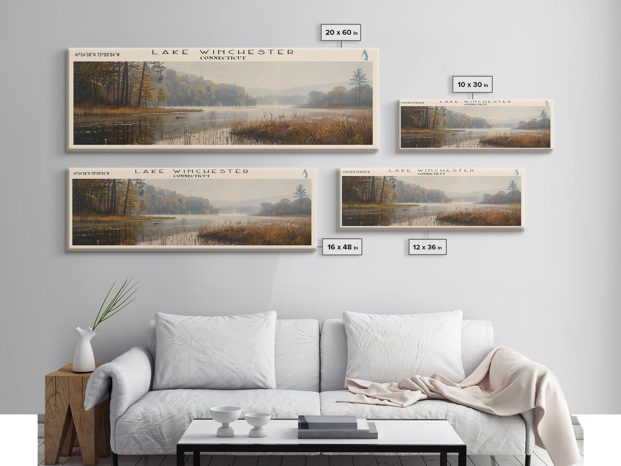 Lake Winchester Connecticut Framed Canvas Print, Lake House Decor, Panoramic Wall Art, Travel Poster, Landscape Painting, Contemporary Art