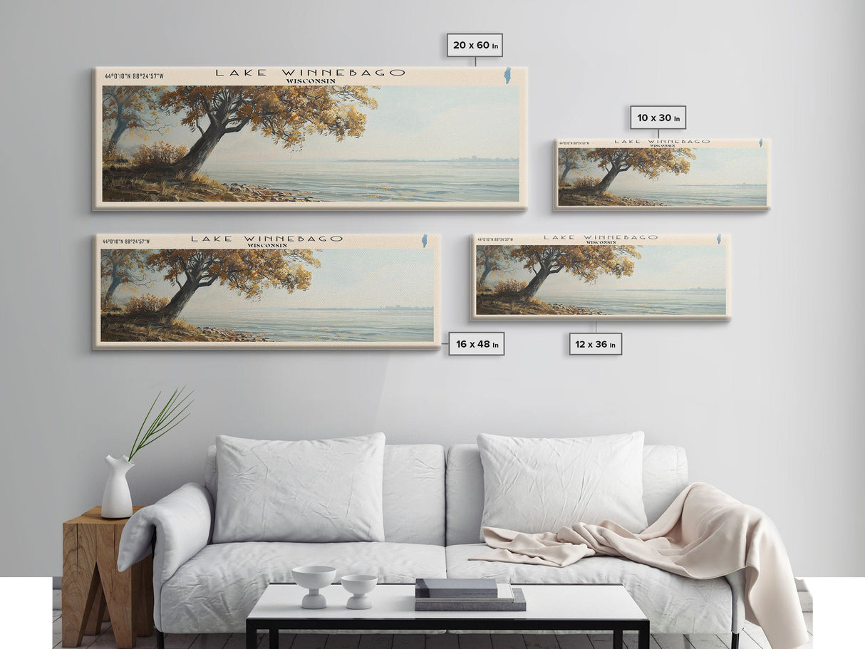 Lake Winnebago Framed Canvas Print, Lake House Decor, Panoramic Wall Art, Travel Poster, Beautiful Landscape Painting, Living Room Decor