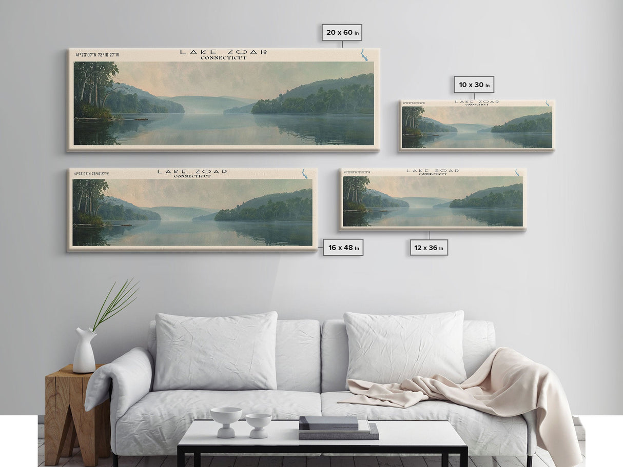 Lake Zoar Connecticut Framed Canvas Print, Lake House Decor, Panoramic Wall Art, Travel Poster, Landscape Painting, Living Room Decor