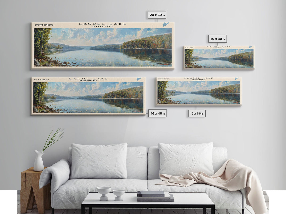 Laurel Lake Pennsylvania Framed Canvas Print, Lake House Decor, Panoramic Wall Art, Travel Poster, Landscape Painting, Bedroom Decor