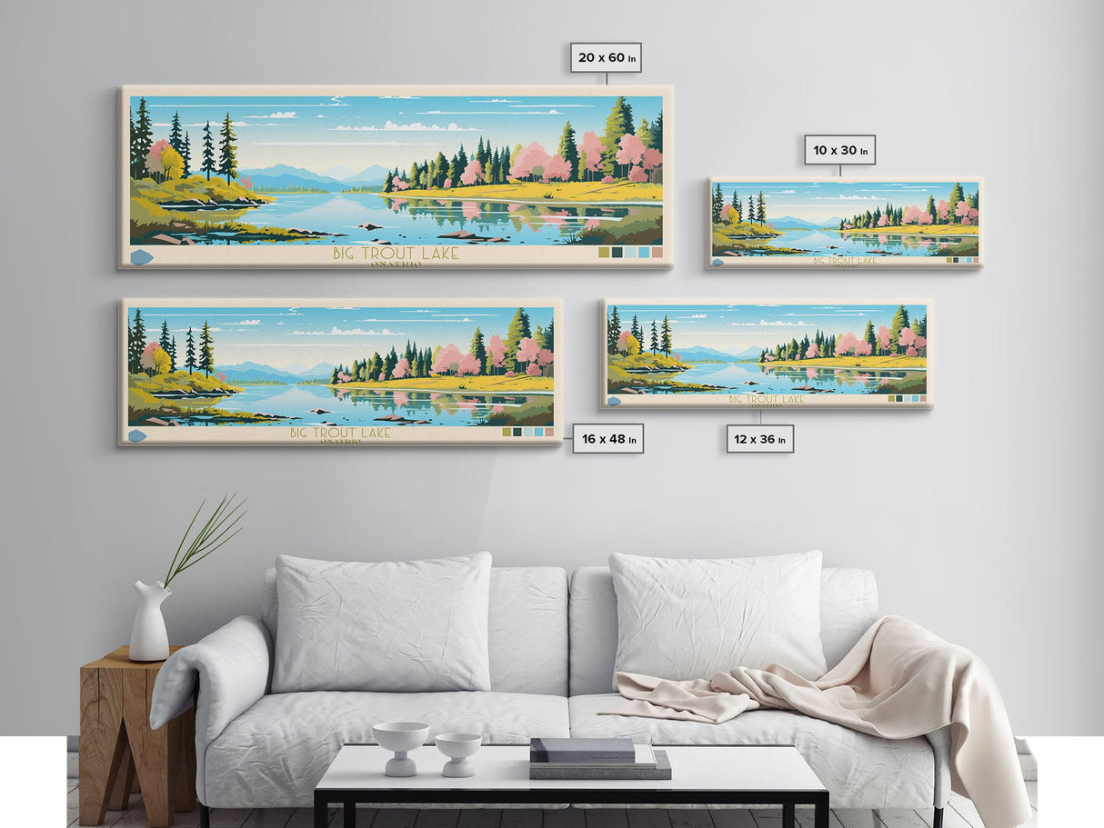 Big Trout Lake Ontario Framed Canvas Print, Panoramic Travel Poster, Midcentury Modern Wall Art, Pop Art, Nature Living Room Art, Lake House Decor