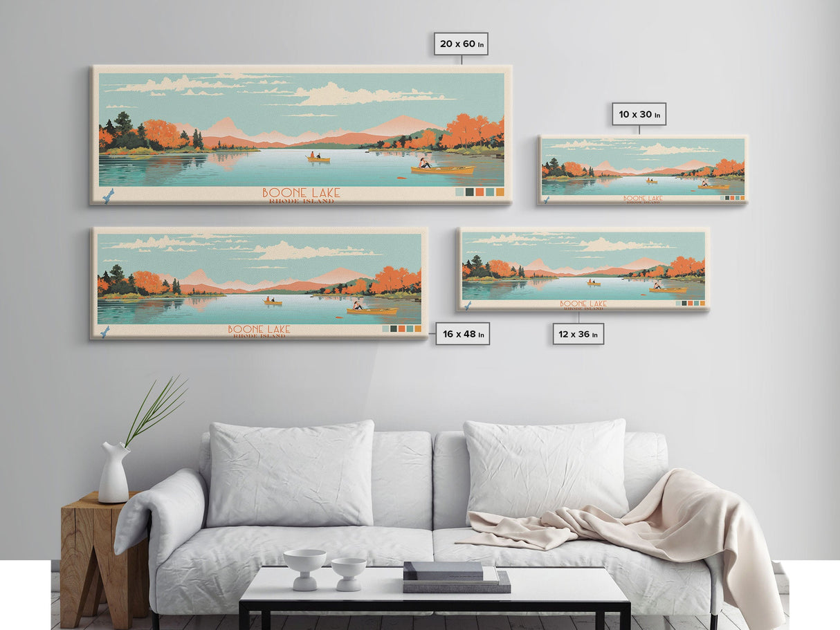 Boone Lake Rhode Island Framed Canvas Print, Panoramic Travel Poster, Midcentury Modern Wall Art, Pop Art, Nature Bedroom Decor, Scenic Lake House Art
