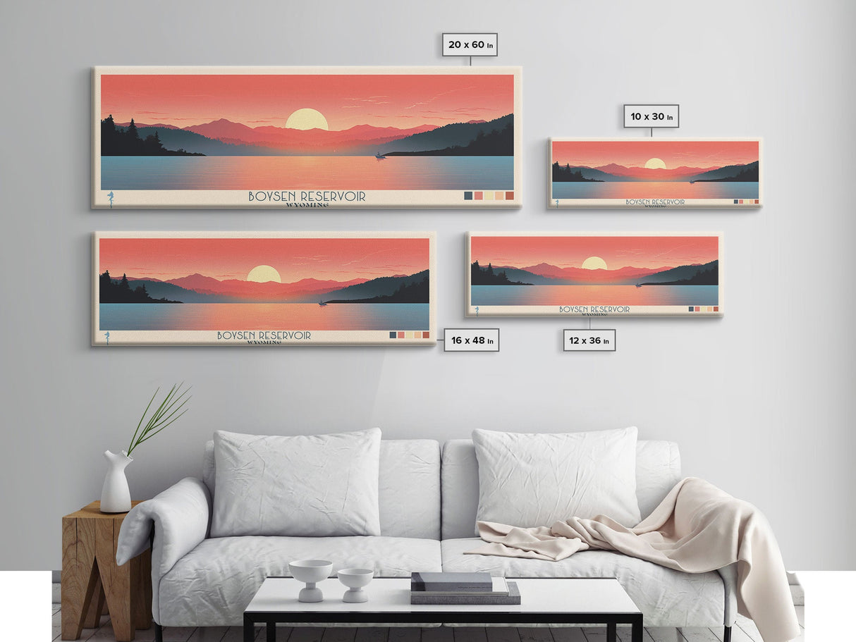 Boysen Reservoir Wyoming Framed Canvas Print, Panoramic Travel Poster, Midcentury Modern Wall Art, Pop Art, Nature Bedroom Decor, Scenic Lake House Art