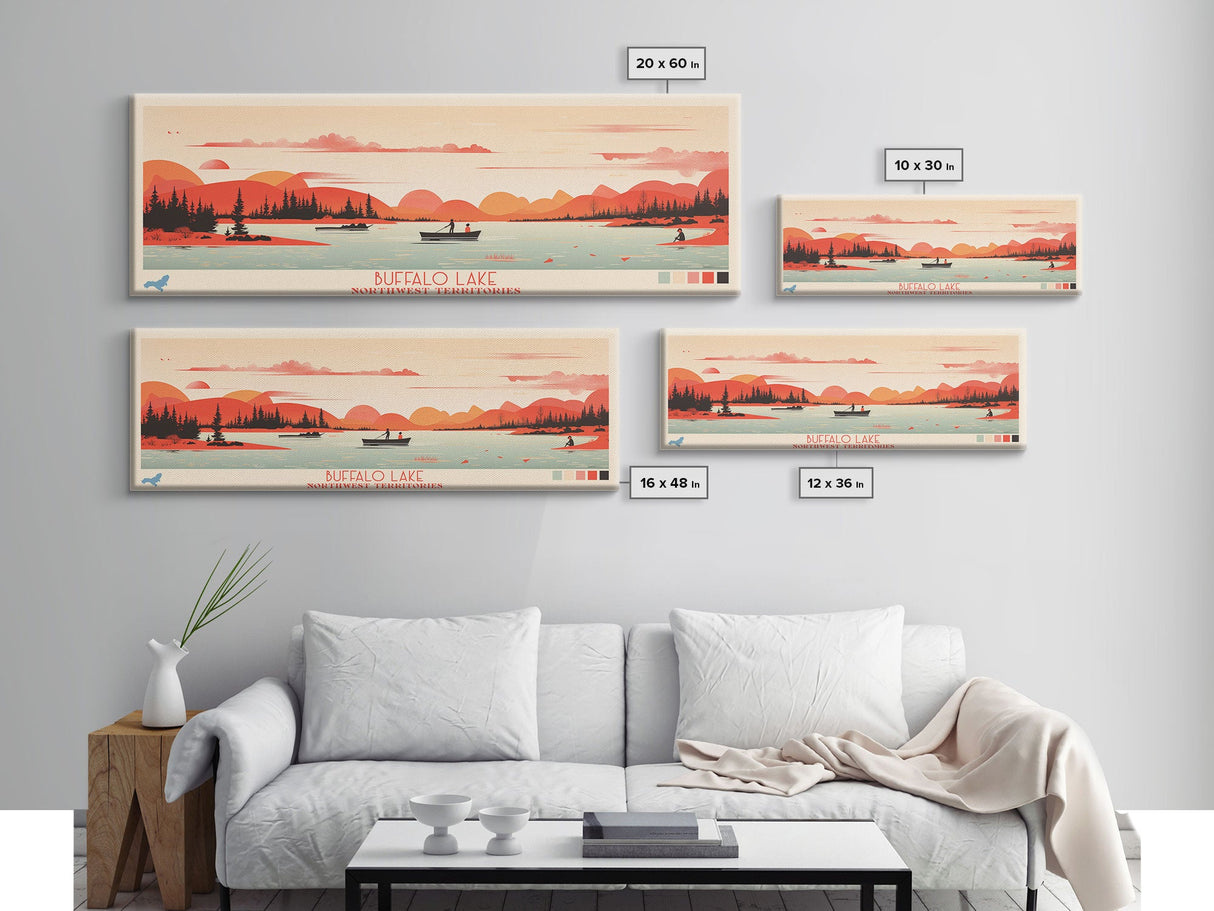 Buffalo Lake Northwest Territories Framed Canvas Print, Pop Art Panoramic Travel Poster, Midcentury Modern, Wall Art, Scenic Nature Painting, Bedroom Decor