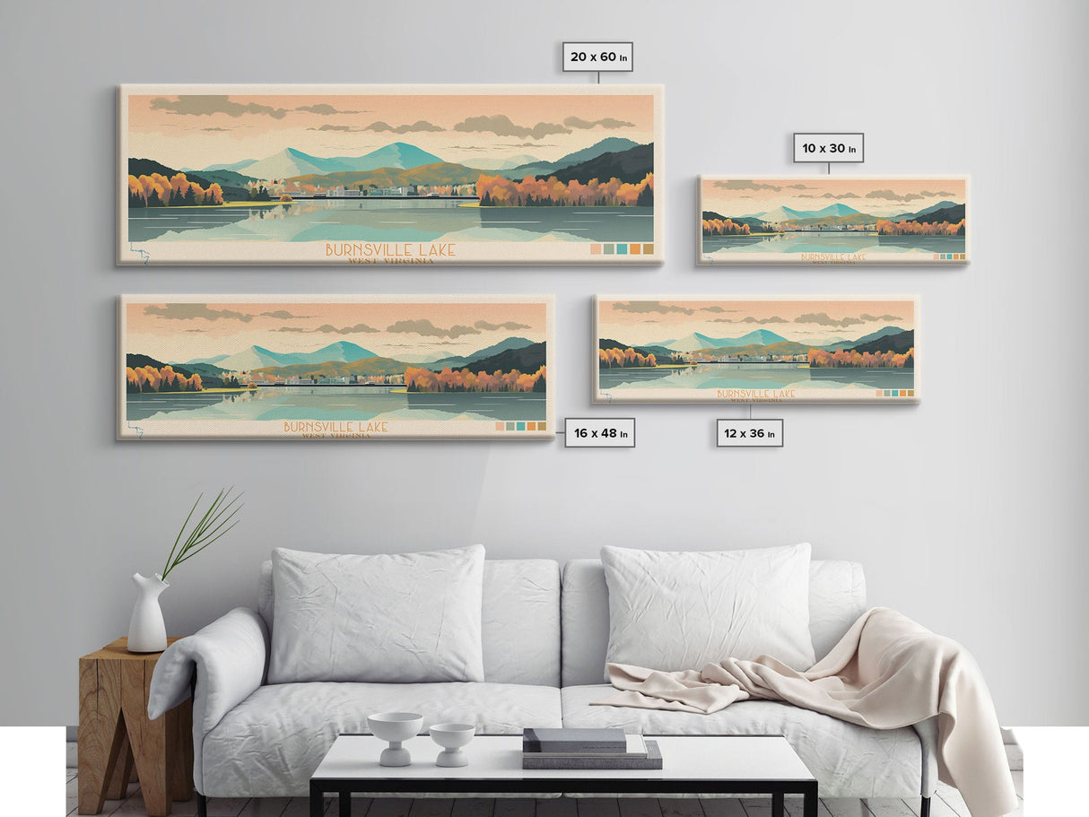 Burnsville Lake West Virginia Framed Canvas Print, Midcentury Modern Panoramic Wall Art, Living Room Decor, Pop Art, Travel Poster Art, Scenic Nature Painting