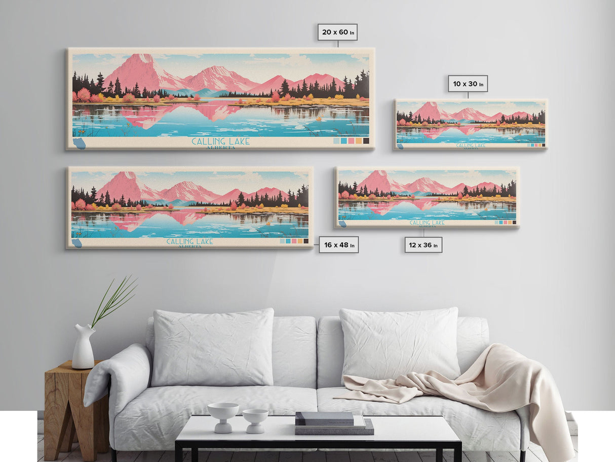 Calling Lake Alberta Framed Canvas Print, Midcentury Modern Panoramic Wall Art, Living Room Decor, Pop Art, Travel Poster Art, Scenic Nature Painting