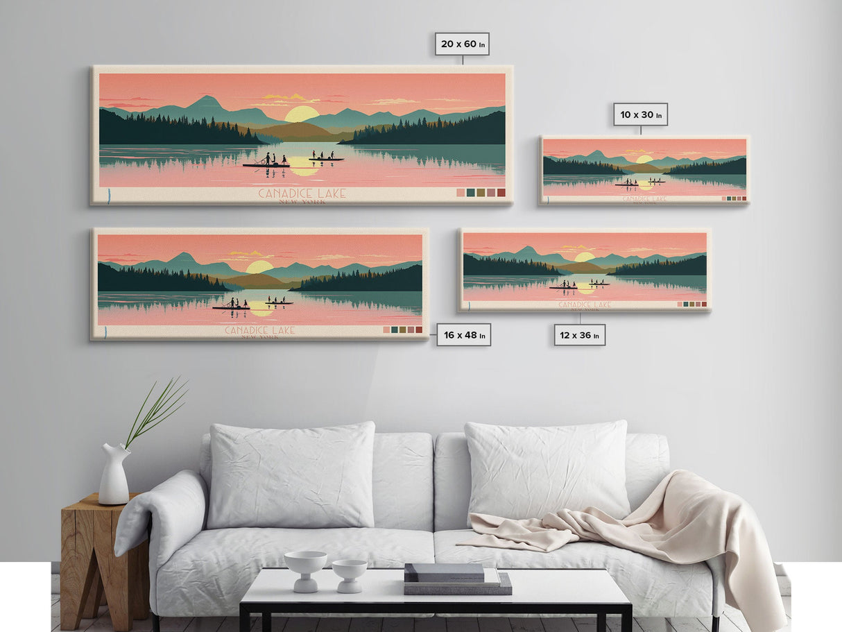 Canadice Lake New York Framed Canvas Print, Pop Art Panoramic Travel Poster, Midcentury Modern, Wall Art, Scenic Nature Painting, Bedroom Decor