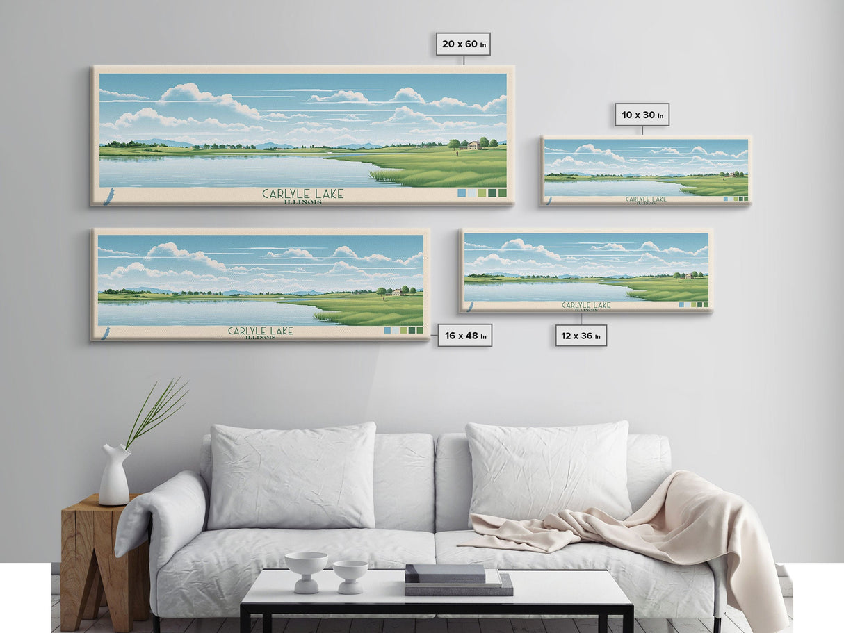 Carter Lake Nebraska Framed Canvas Print, Midcentury Modern Panoramic Wall Art, Living Room Decor, Pop Art, Travel Poster Art, Scenic Nature Painting, Lake House Decor