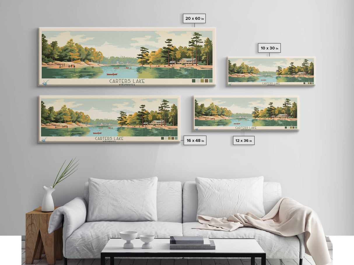 Carters Lake Georgia Framed Canvas Print, Pop Art Panoramic Travel Poster, Midcentury Modern, Wall Art, Scenic Nature Painting, Bedroom Decor, Living Room Art