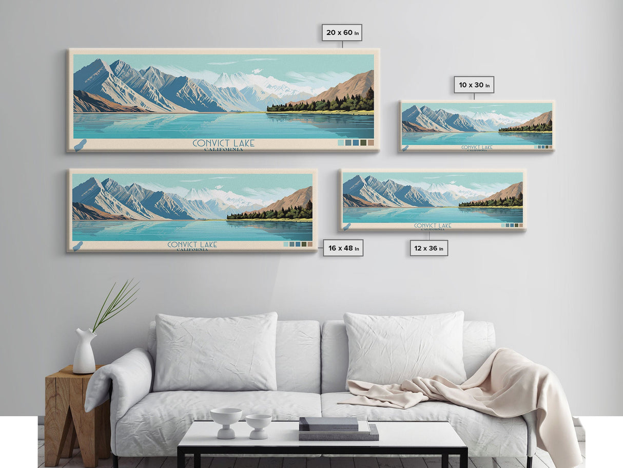 Convict Lake California Framed Canvas Print, Midcentury Modern Panoramic Wall Art, Living Room Decor, Pop Art, Travel Poster Art, Nature Art, Lake House Decor
