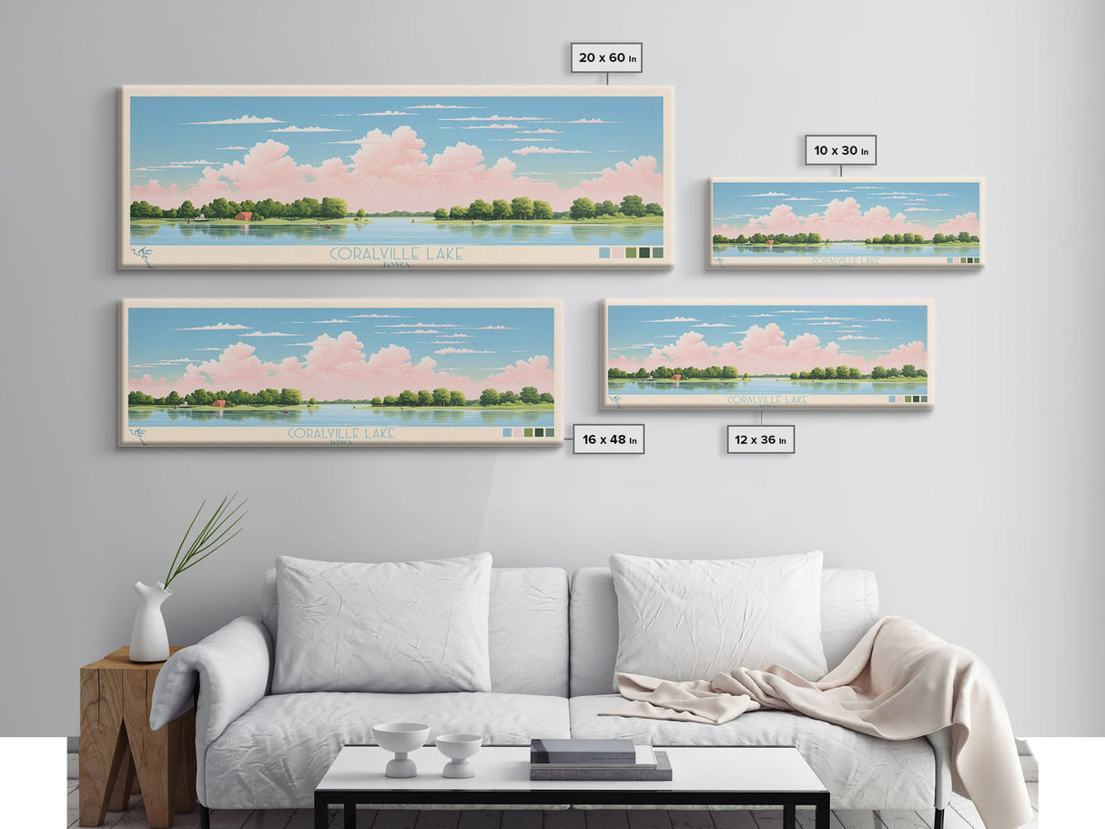 Coralville Lake Iowa Framed Canvas Print, Midcentury Modern Panoramic Wall Art, Living Room Decor, Pop Art, Travel Poster Art, Scenic Nature Painting, Lake House Decor
