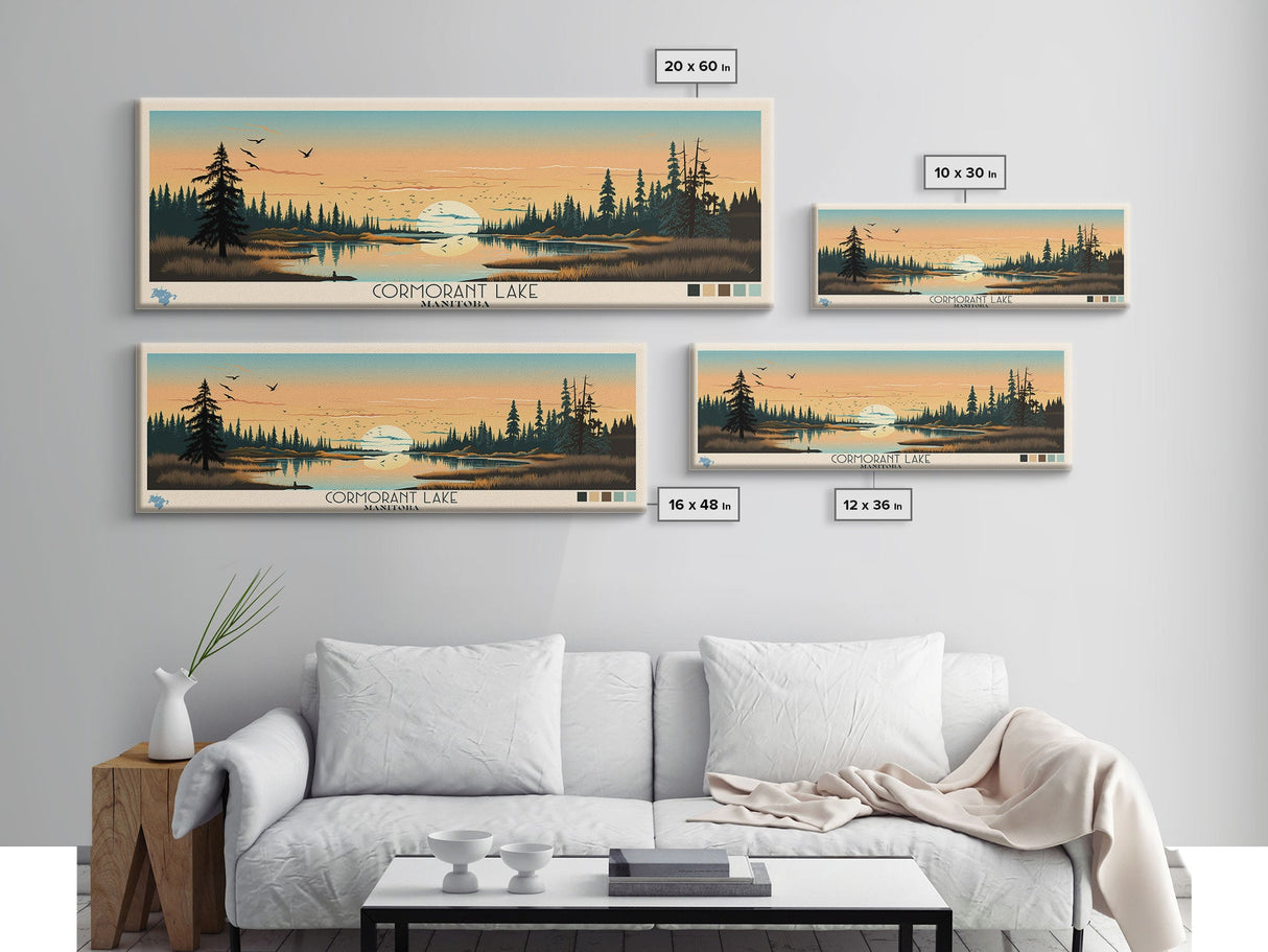Cormorant Lake Manitoba Framed Canvas Print, Pop Art Panoramic Travel Poster, Midcentury Modern, Wall Art, Scenic Nature Painting, Bedroom Decor, Living Room Art