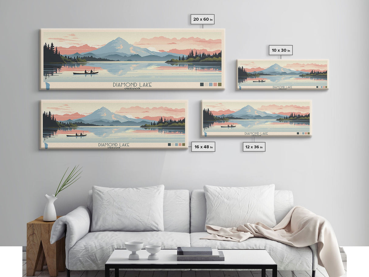 Diamond Lake Oregon Framed Canvas Print, Midcentury Modern Panoramic Wall Art, Bedroom Decor, Pop Art, Travel Poster Art, Scenic Nature Painting