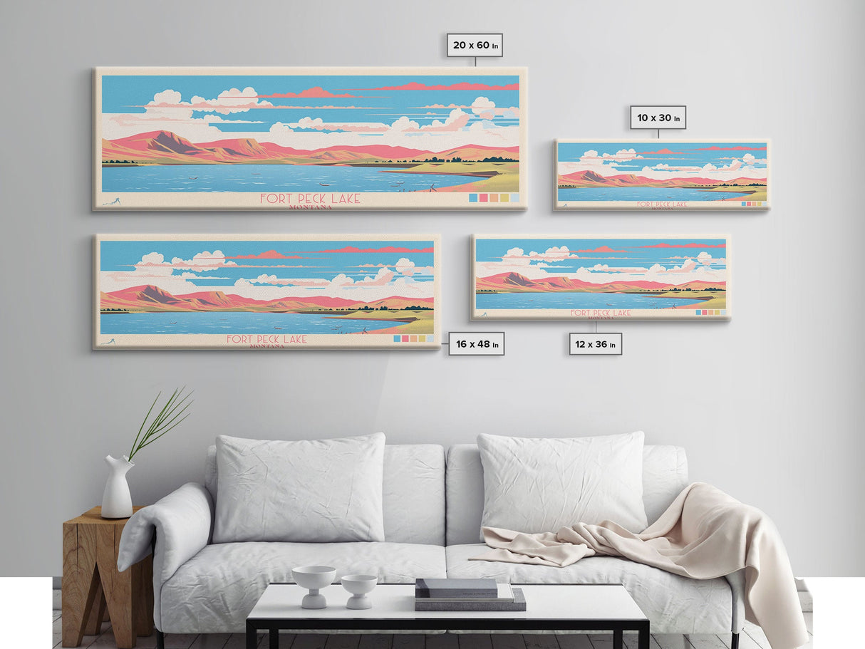 Fort Peck Lake Montana Framed Canvas Print, Panoramic Wall Art, Midcentury Modern, Pop Art, Bedroom Decor, Travel Poster, Nature Art, Artistic Decor