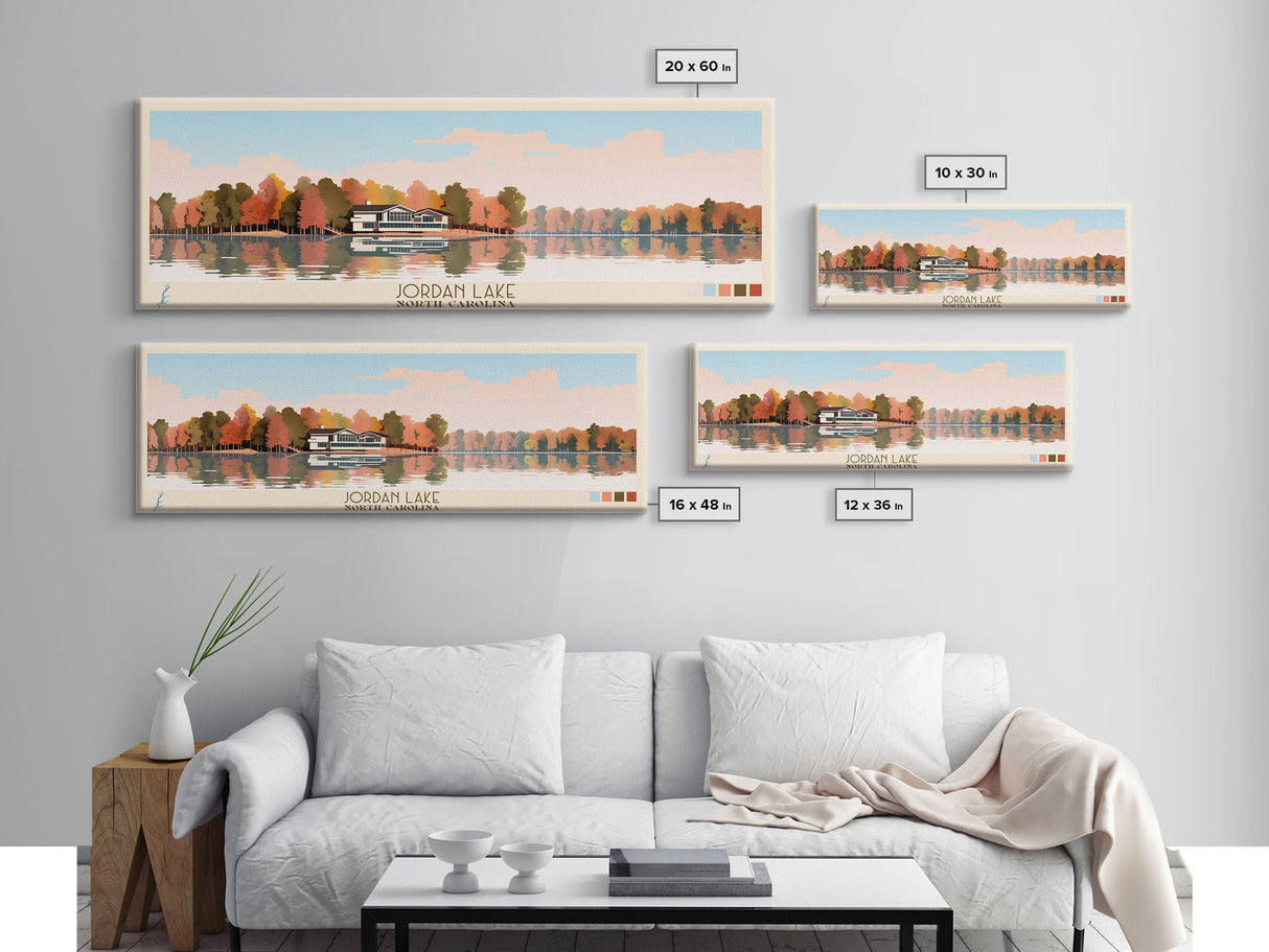 Jordan Lake North Carolina Framed Canvas Print, Panoramic Art, Midcentury Modern, Pop Art, Lake House Decor, Travel Poster, Living Room Art