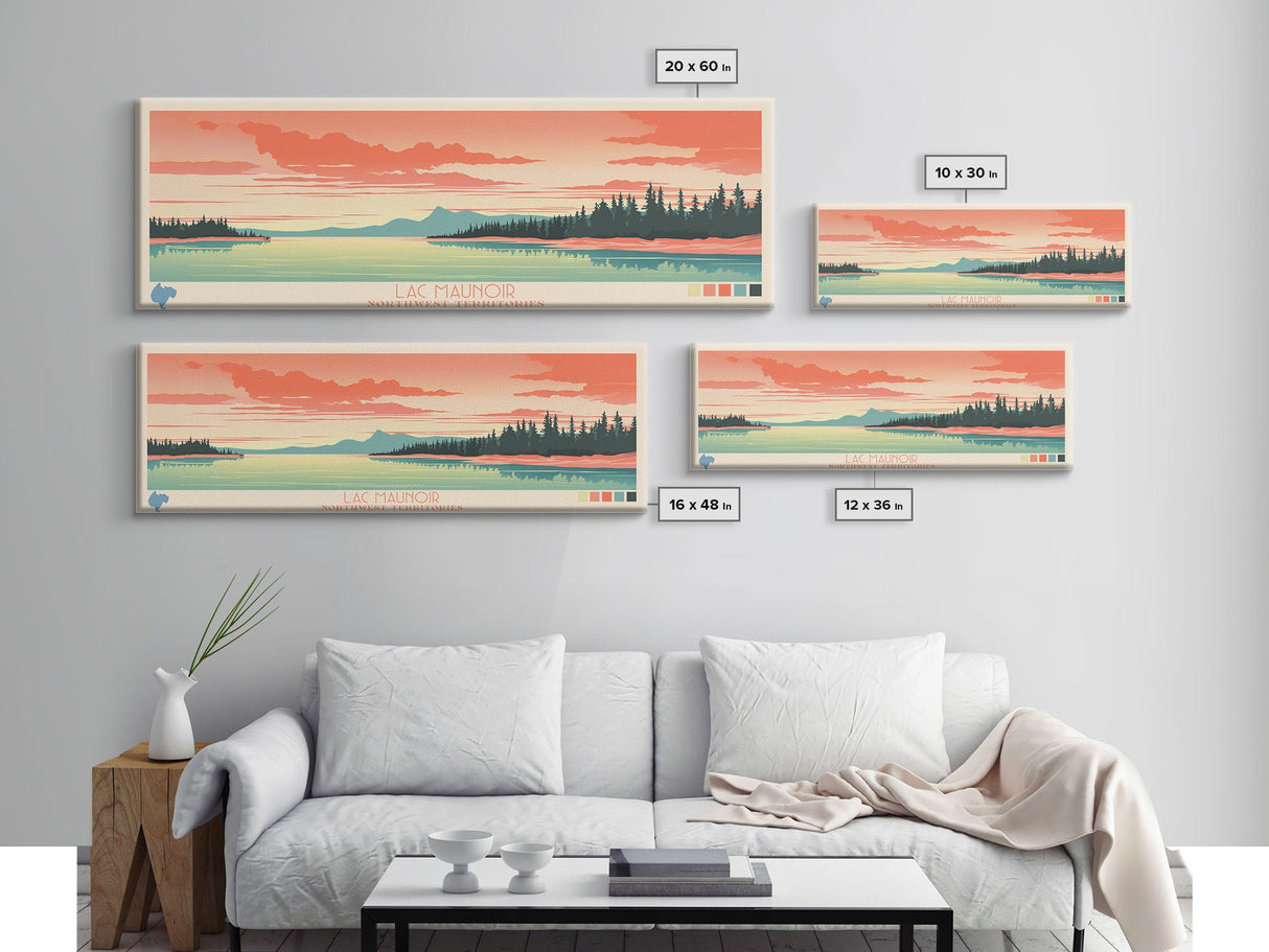 Lac Maunoir Northwest Territories Framed Canvas Print, Panoramic Art, Midcentury Modern, Pop Art, Living Room Wall Art, Travel Poster, Lake House Decor